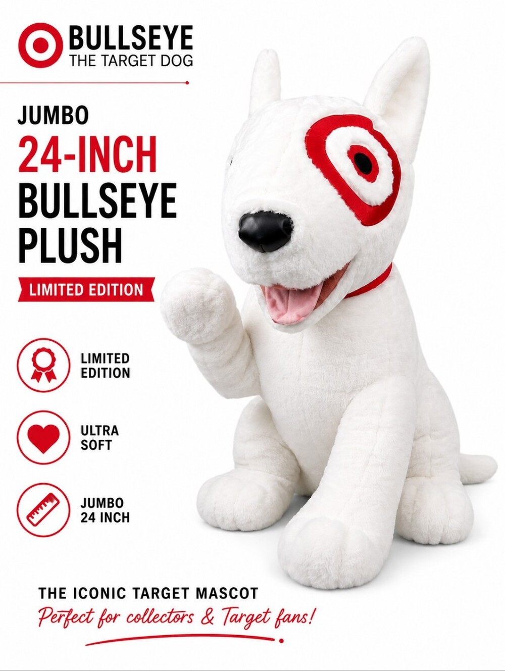 Target Bullseye Dog Jumbo 24” Plush Limited Edition White Red Mascot